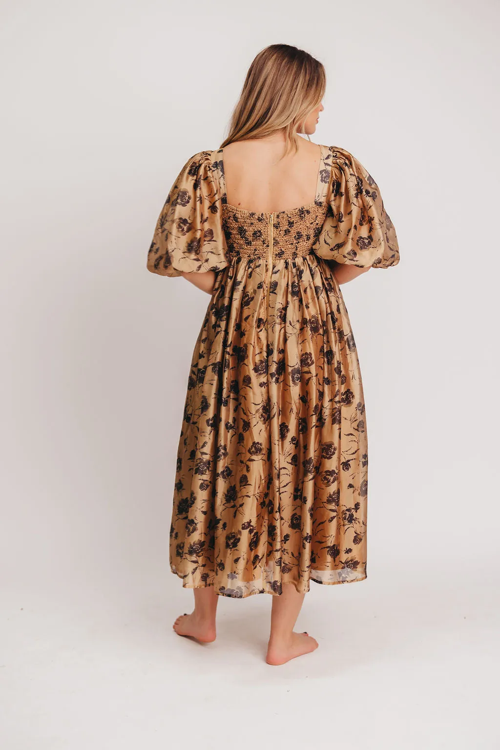 Harlow Camel & Black Floral Maxi Dress with Stretchy Neckline - Bump Friendly (Read Description)