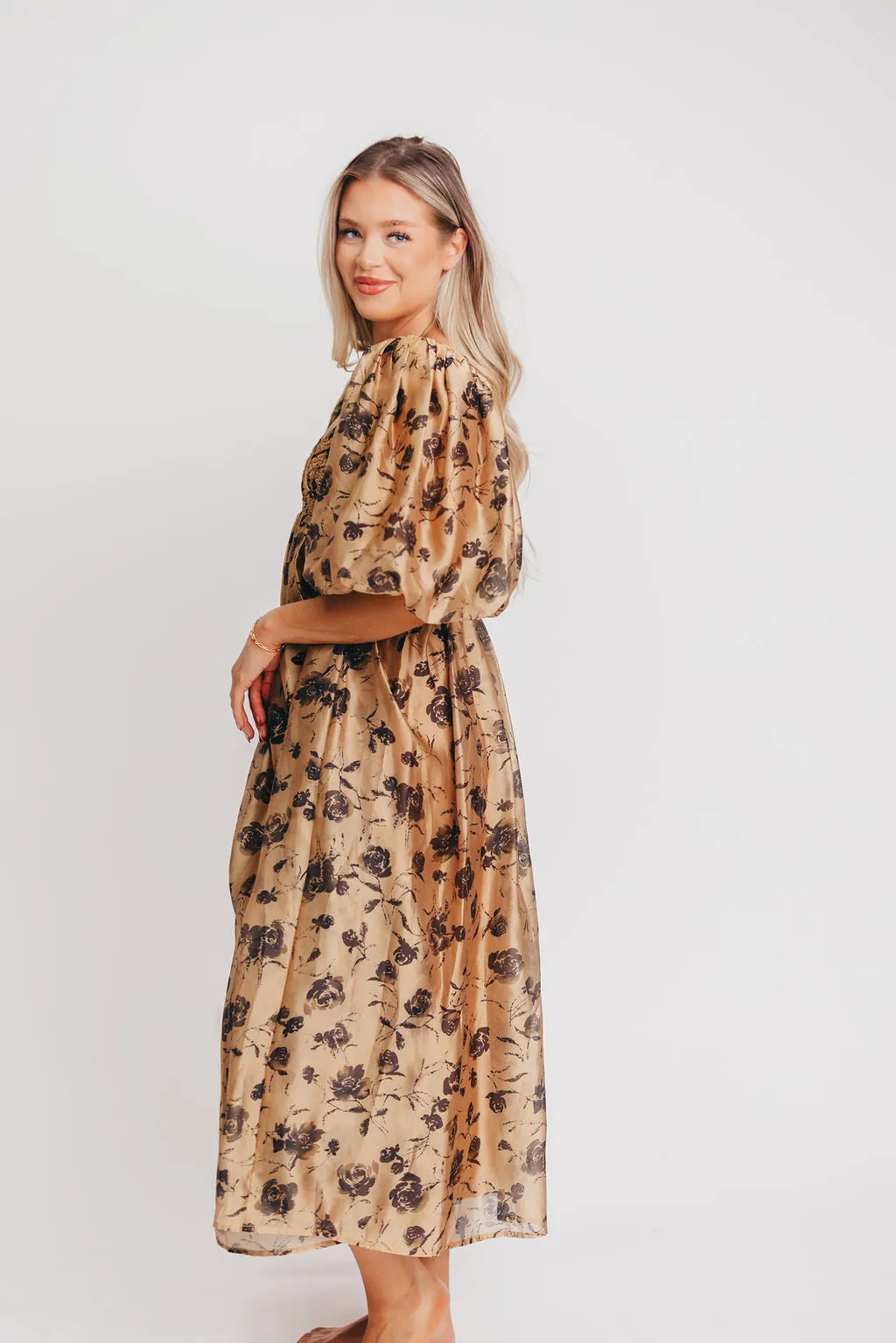 Harlow Camel & Black Floral Maxi Dress with Stretchy Neckline - Bump Friendly (Read Description)