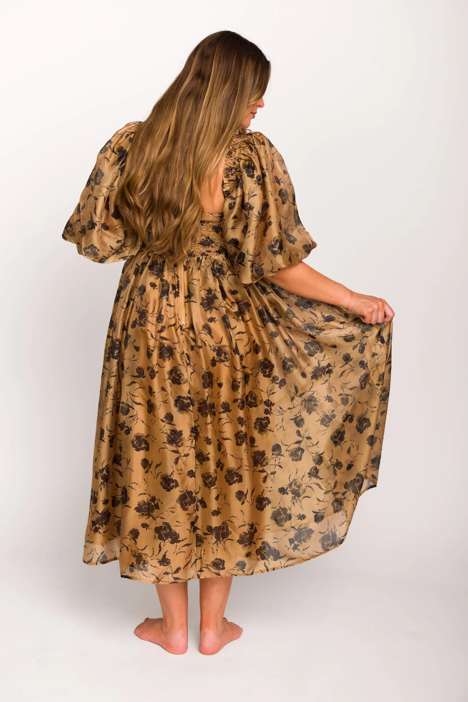 Harlow Camel & Black Floral Maxi Dress with Stretchy Neckline - Bump Friendly (Read Description)
