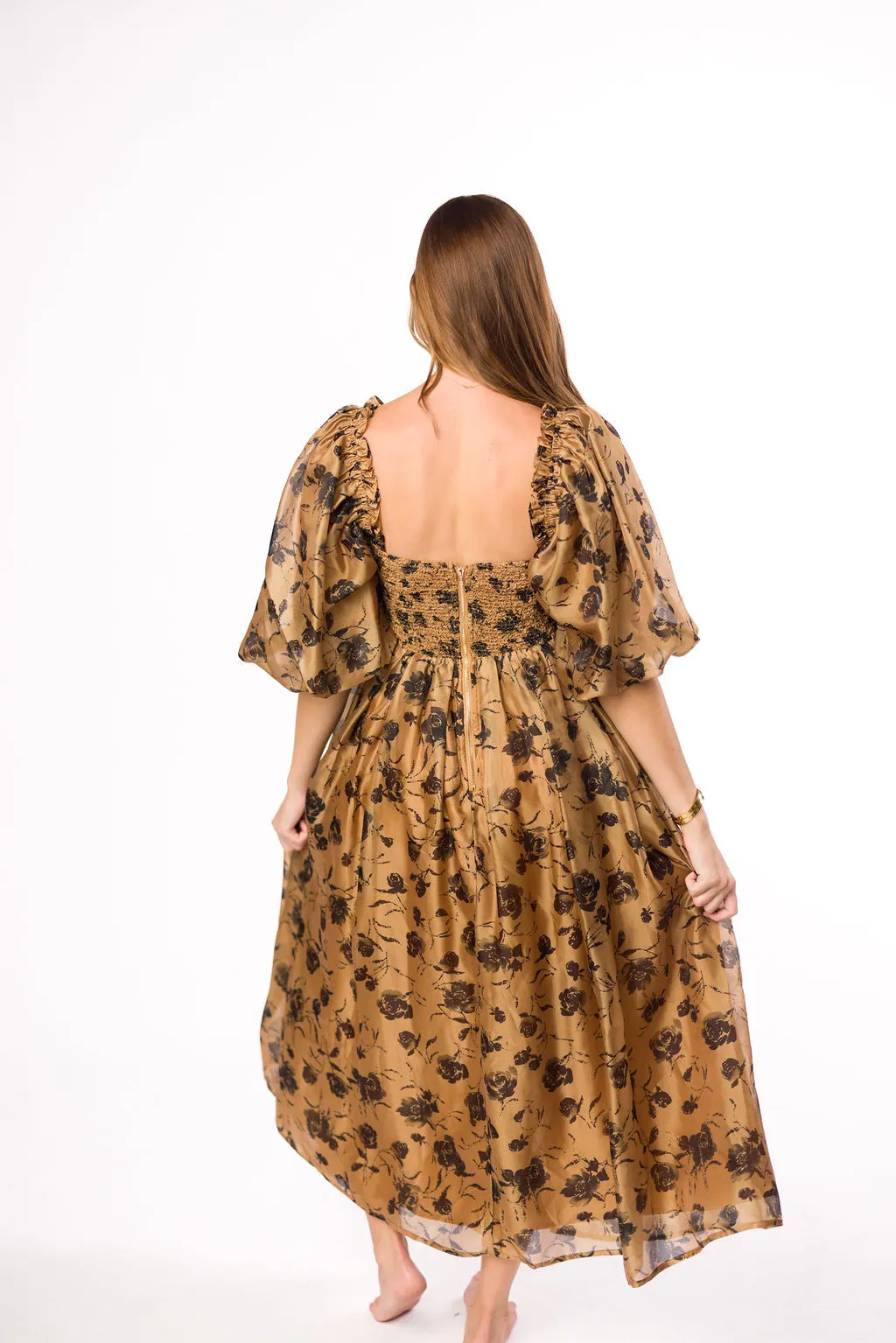 Harlow Camel & Black Floral Maxi Dress with Stretchy Neckline - Bump Friendly (Read Description)