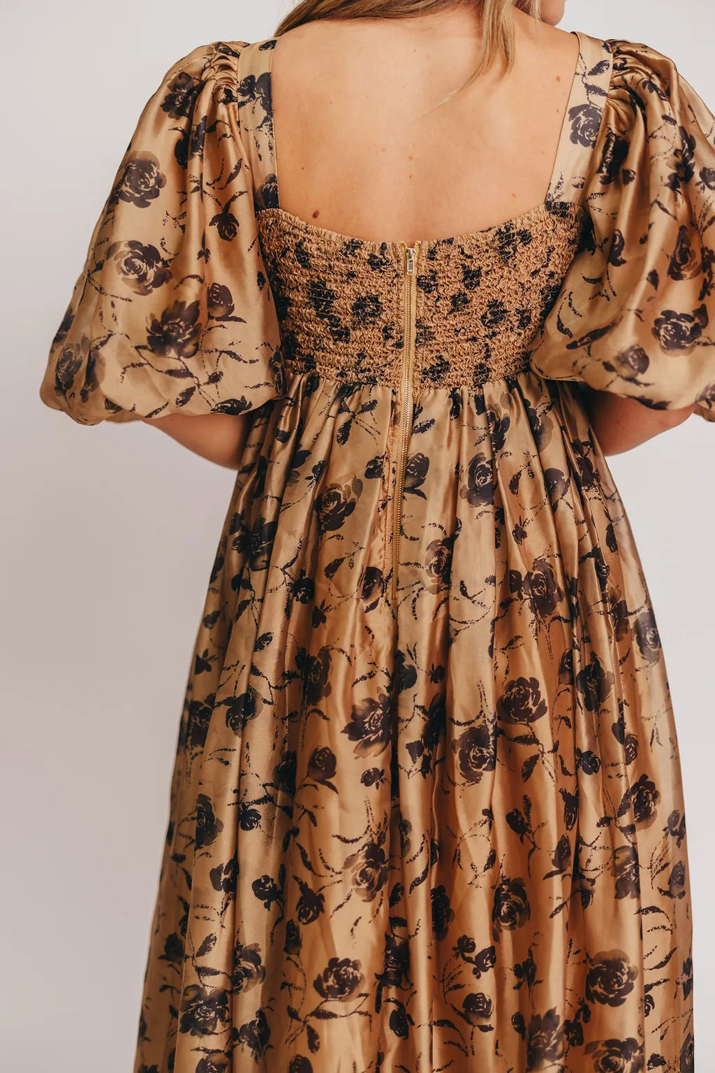 Harlow Camel & Black Floral Maxi Dress with Stretchy Neckline - Bump Friendly (Read Description)