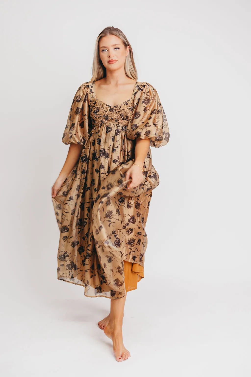 Harlow Camel & Black Floral Maxi Dress with Stretchy Neckline - Bump Friendly (Read Description)