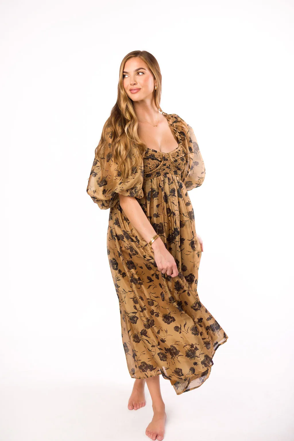 Harlow Camel & Black Floral Maxi Dress with Stretchy Neckline - Bump Friendly (Read Description)