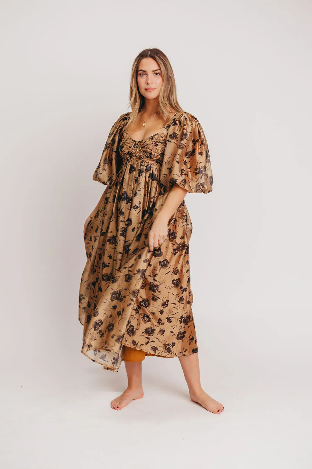 Harlow Camel & Black Floral Maxi Dress with Stretchy Neckline - Bump Friendly (Read Description)