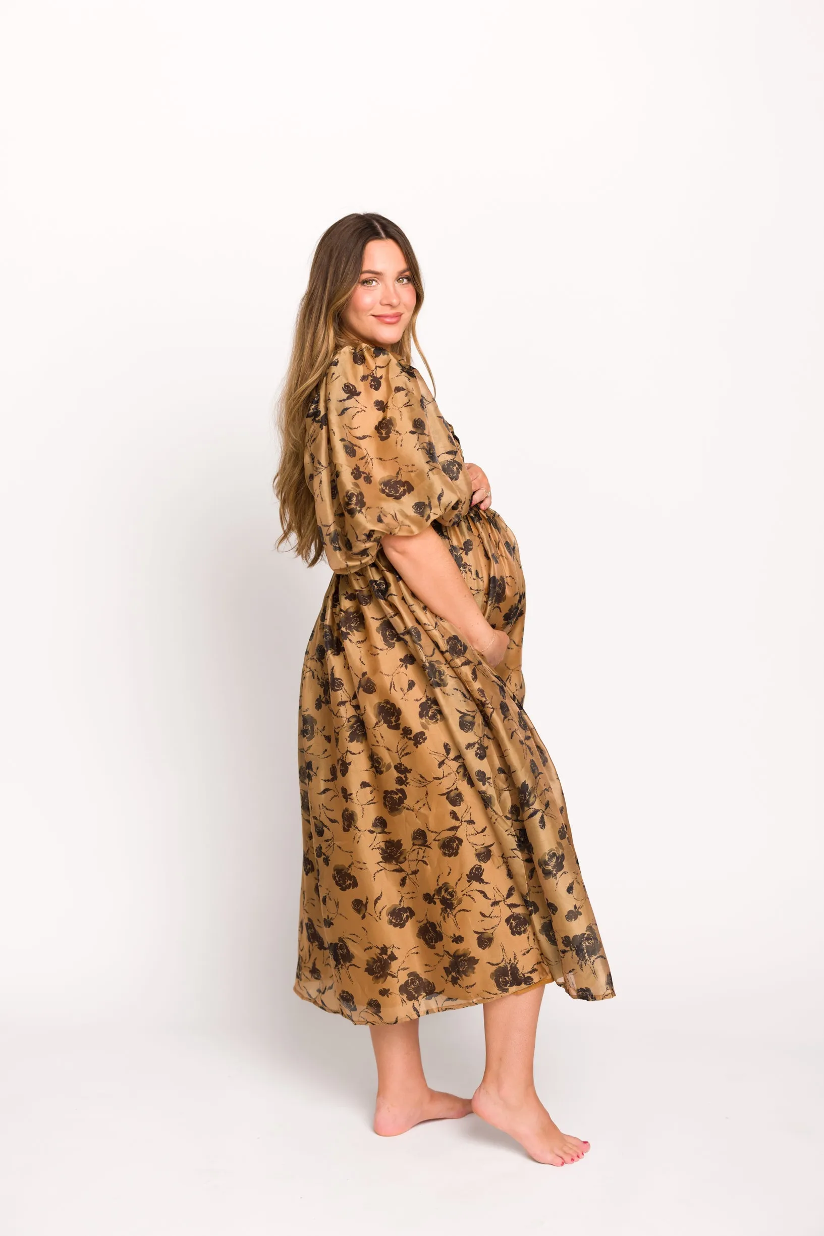Harlow Camel & Black Floral Maxi Dress with Stretchy Neckline - Bump Friendly (Read Description)