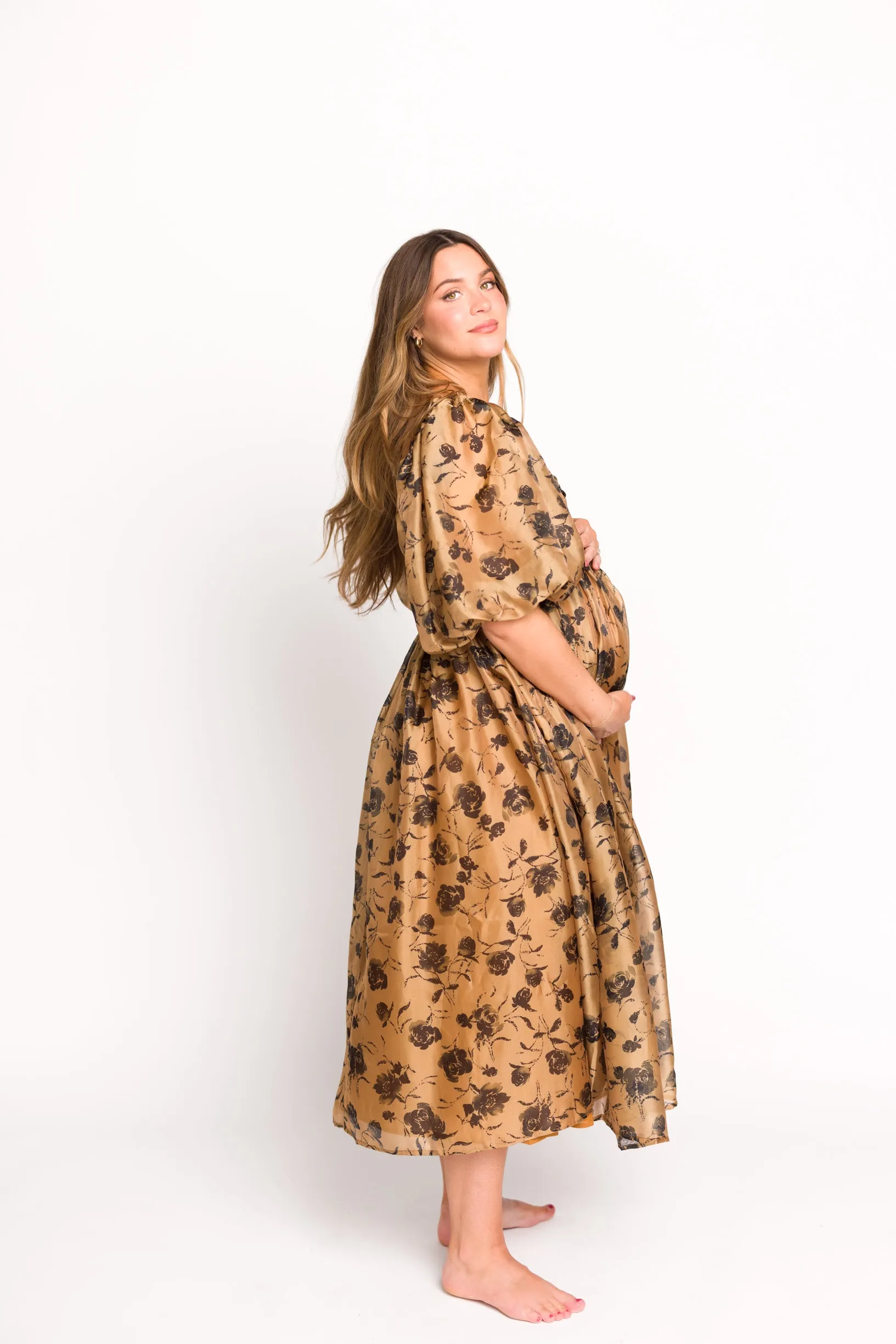 Harlow Camel & Black Floral Maxi Dress with Stretchy Neckline - Bump Friendly (Read Description)