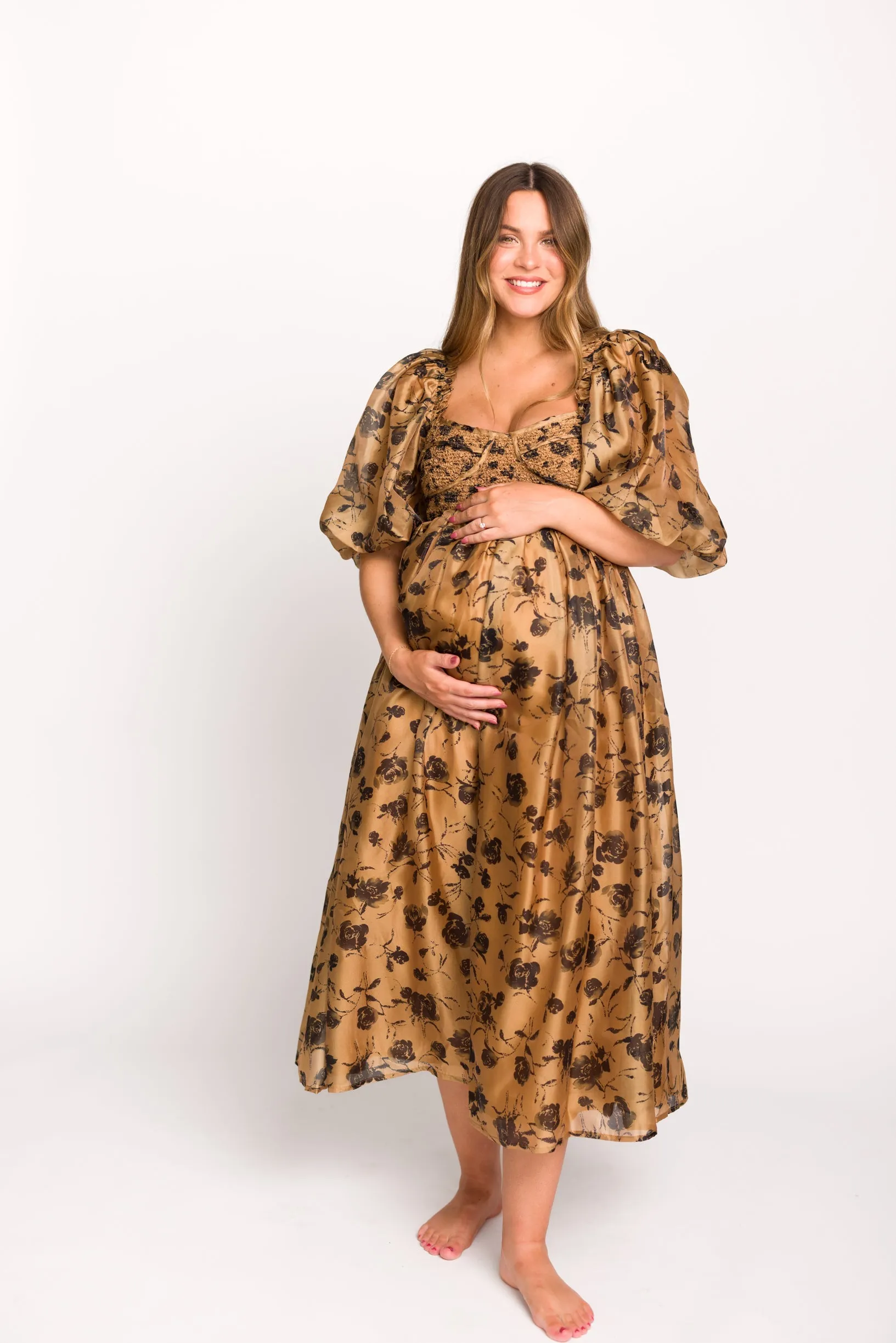 Harlow Camel & Black Floral Maxi Dress with Stretchy Neckline - Bump Friendly (Read Description)