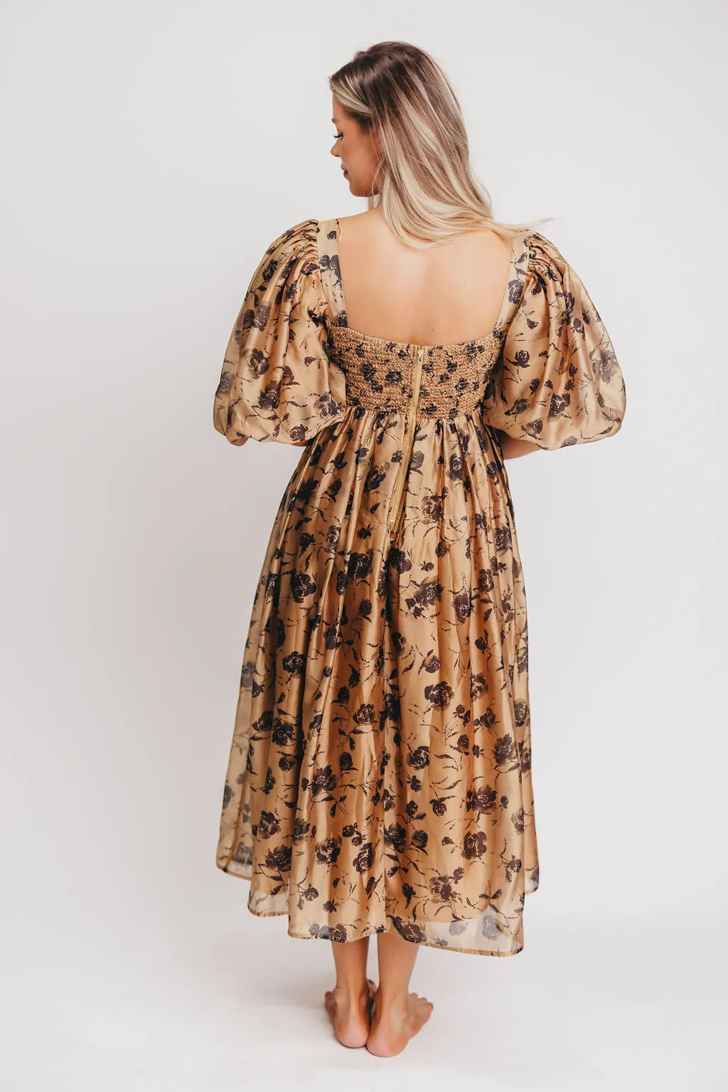 Harlow Camel & Black Floral Maxi Dress with Stretchy Neckline - Bump Friendly (Read Description)