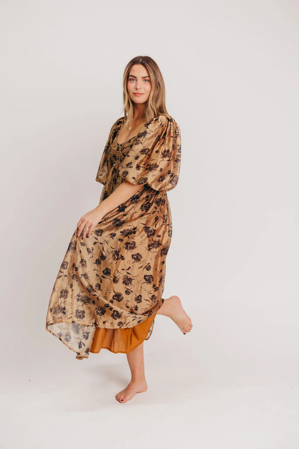 Harlow Camel & Black Floral Maxi Dress with Stretchy Neckline - Bump Friendly (Read Description)