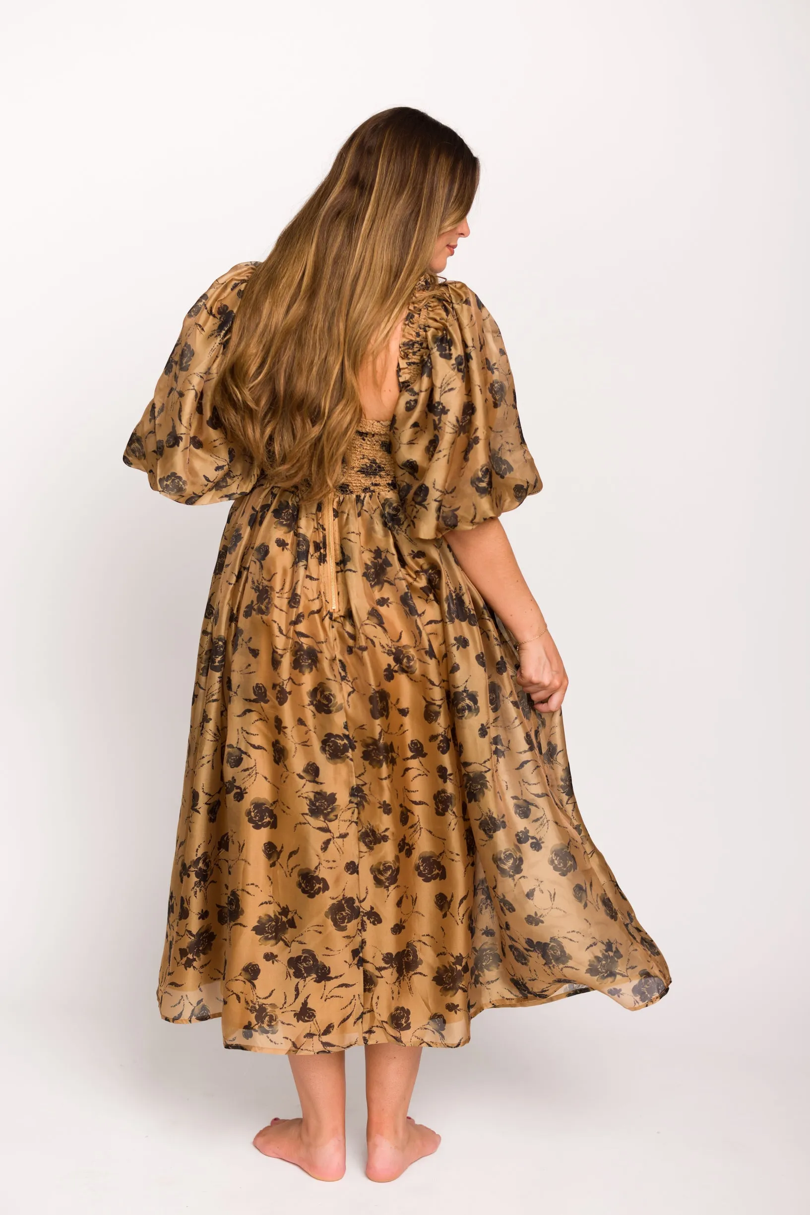 Harlow Camel & Black Floral Maxi Dress with Stretchy Neckline - Bump Friendly (Read Description)