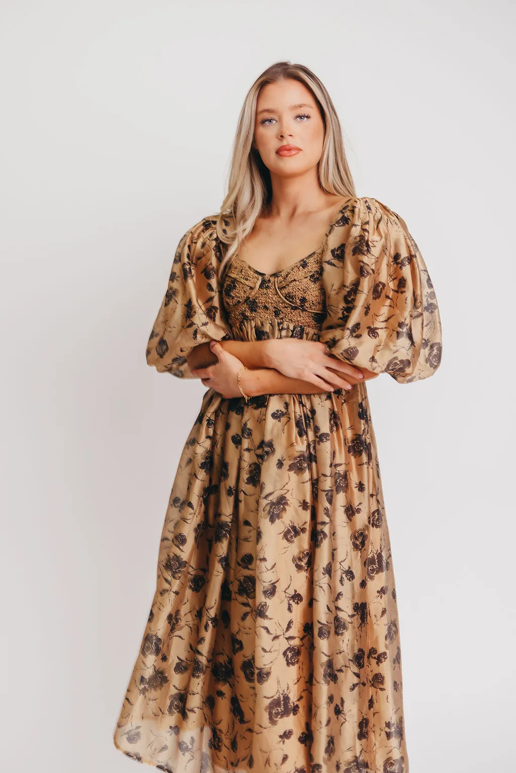 Harlow Camel & Black Floral Maxi Dress with Stretchy Neckline - Bump Friendly (Read Description)