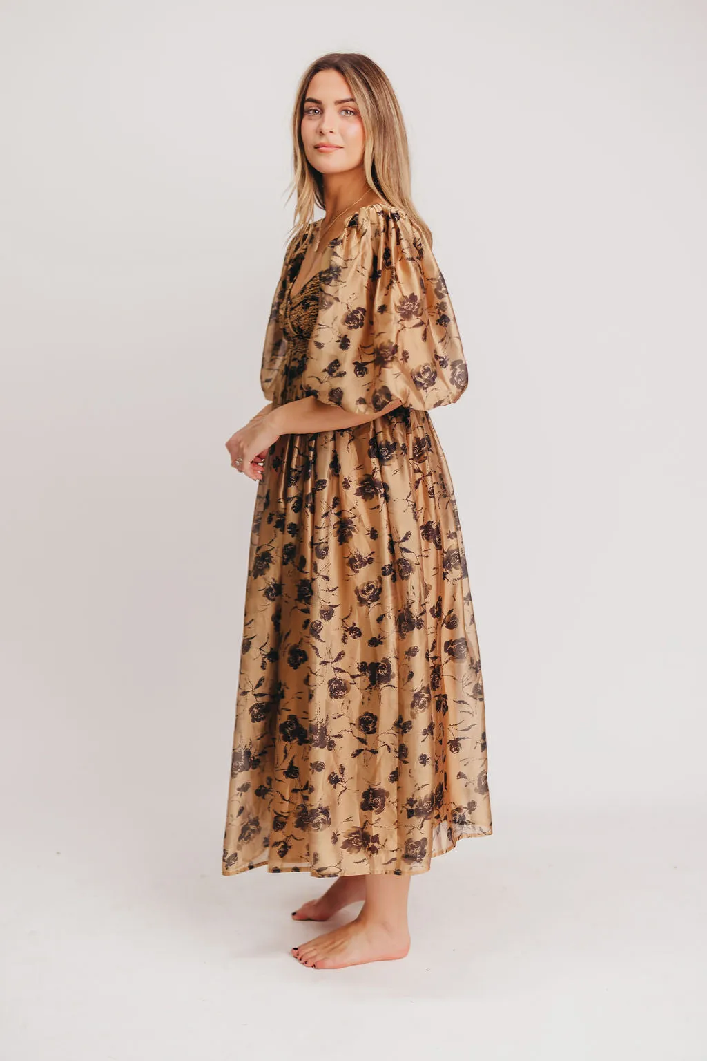 Harlow Camel & Black Floral Maxi Dress with Stretchy Neckline - Bump Friendly (Read Description)