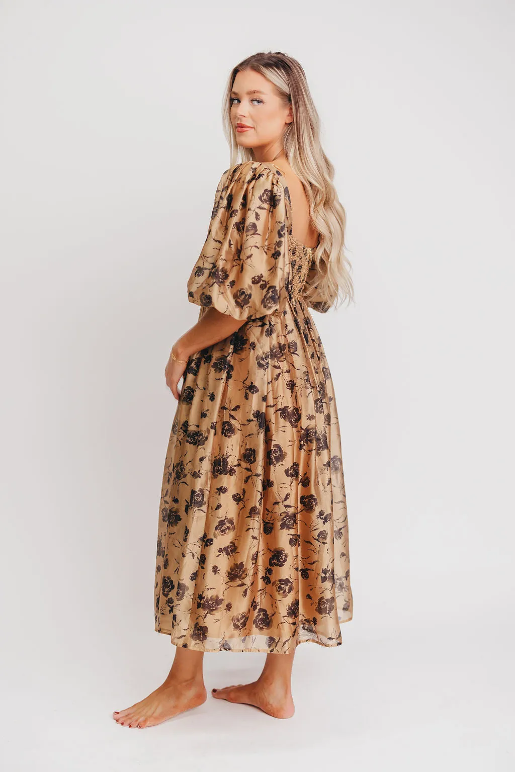 Harlow Camel & Black Floral Maxi Dress with Stretchy Neckline - Bump Friendly (Read Description)