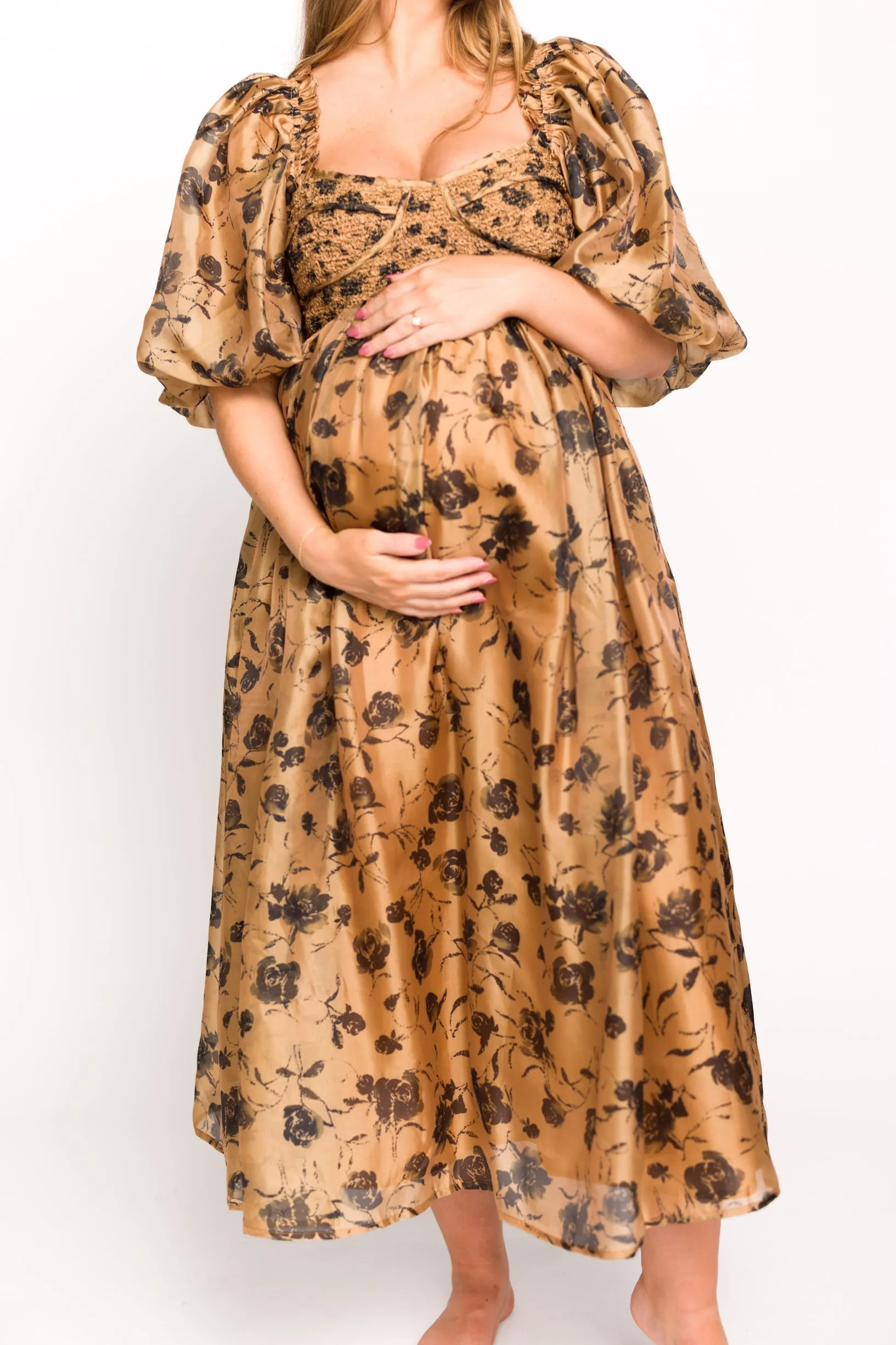 Harlow Camel & Black Floral Maxi Dress with Stretchy Neckline - Bump Friendly (Read Description)