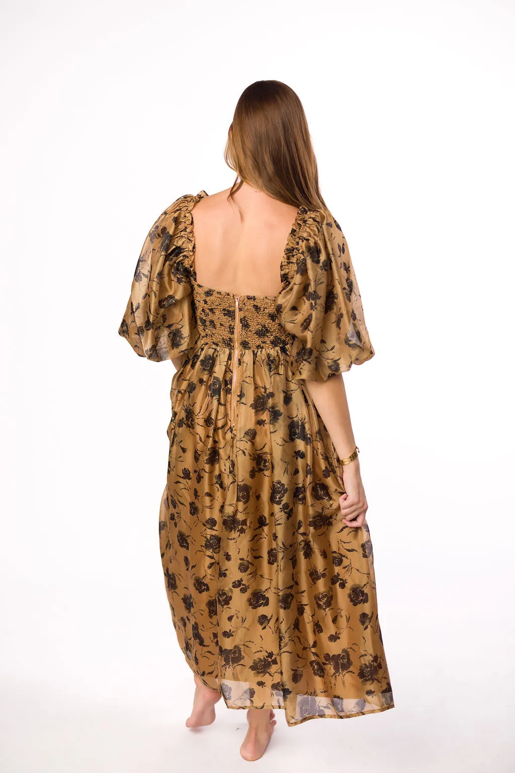 Harlow Camel & Black Floral Maxi Dress with Stretchy Neckline - Bump Friendly (Read Description)