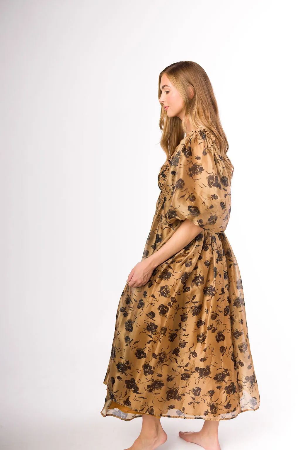 Harlow Camel & Black Floral Maxi Dress with Stretchy Neckline - Bump Friendly (Read Description)