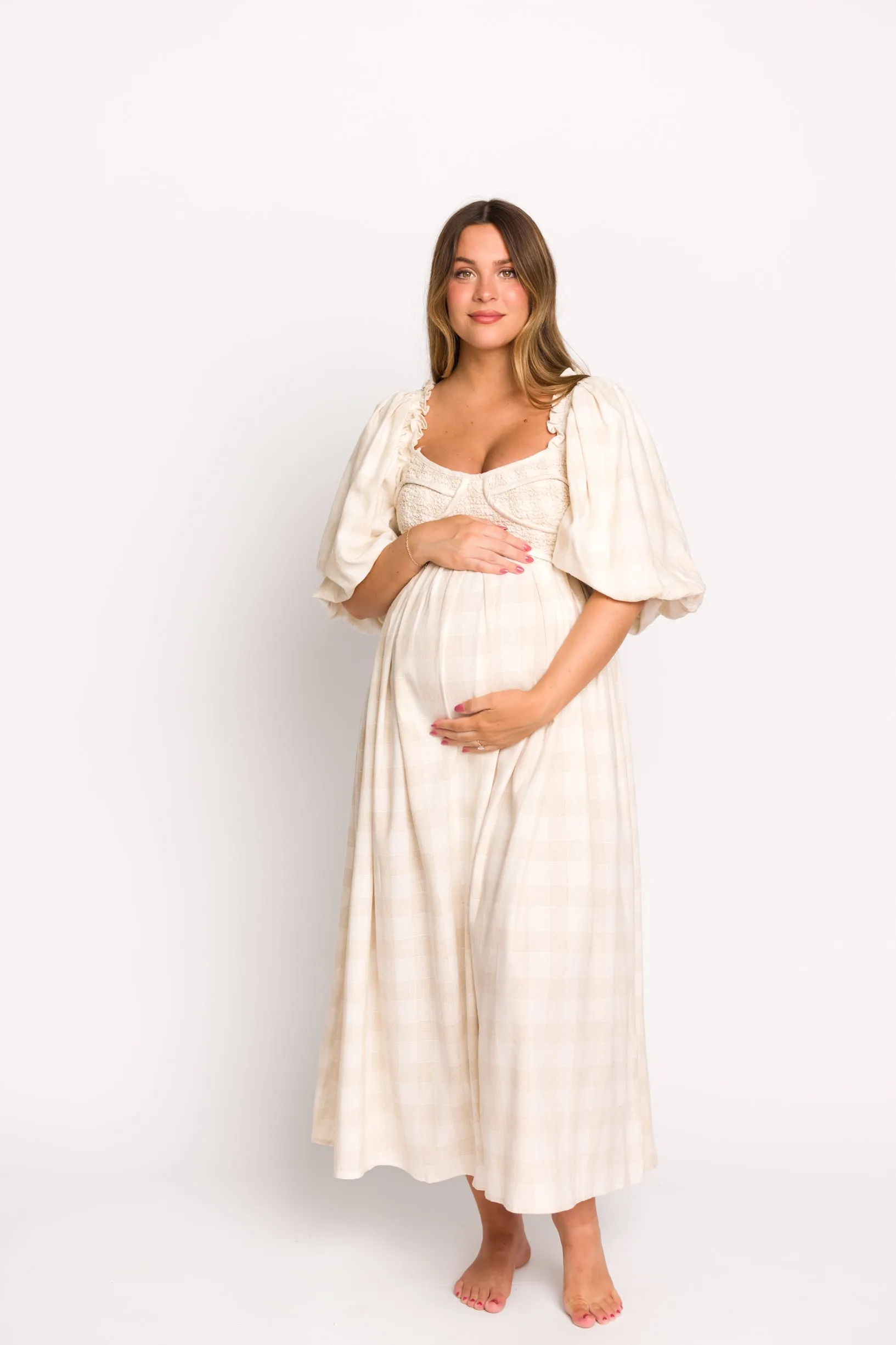 Harlow Maxi Dress in Natural Plaid - Bump Friendly (S-3XL)