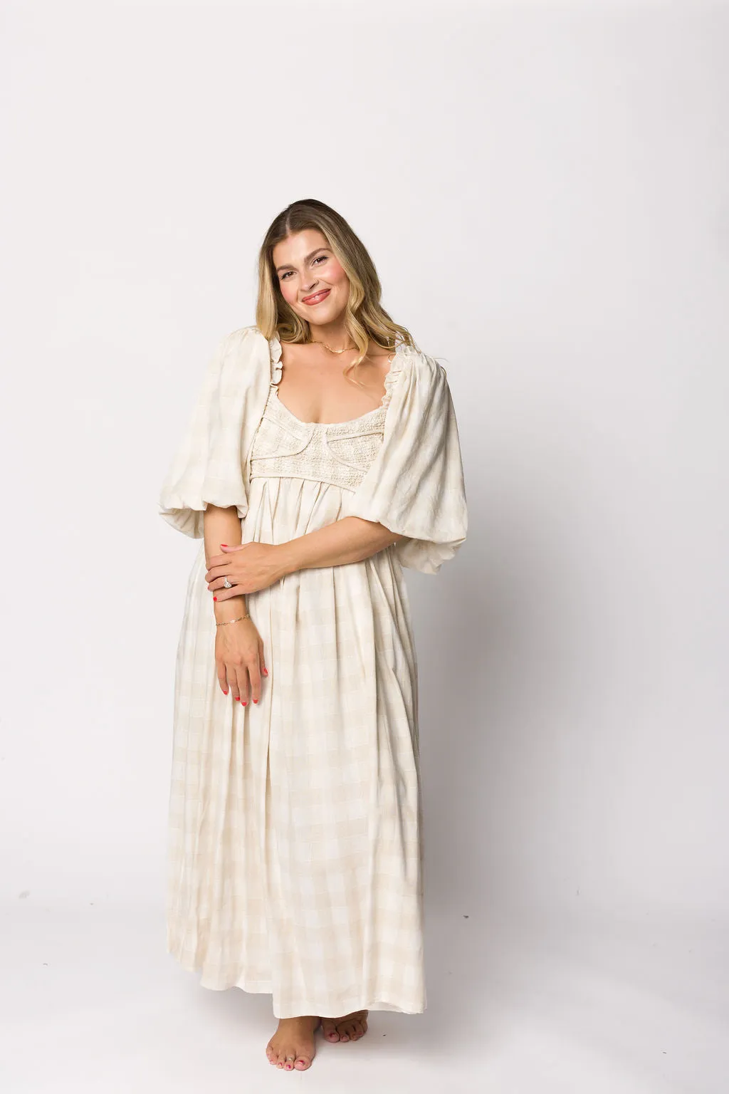 Harlow Maxi Dress in Natural Plaid - Bump Friendly (S-3XL)