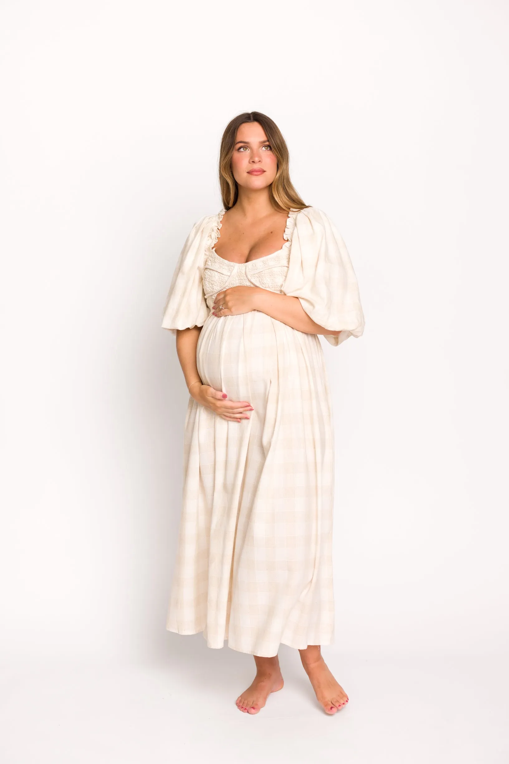 Harlow Maxi Dress in Natural Plaid - Bump Friendly (S-3XL)