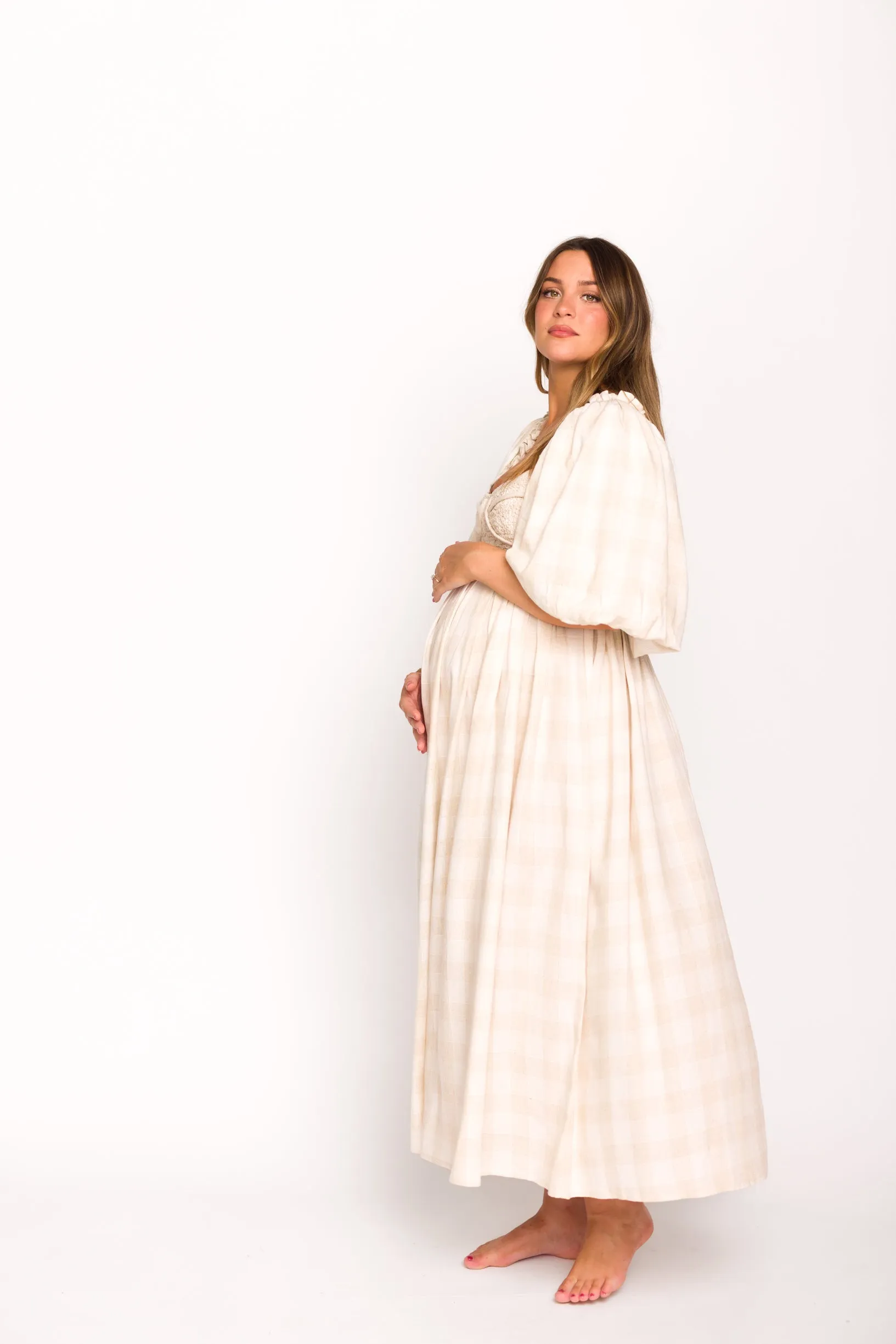 Harlow Maxi Dress in Natural Plaid - Bump Friendly (S-3XL)