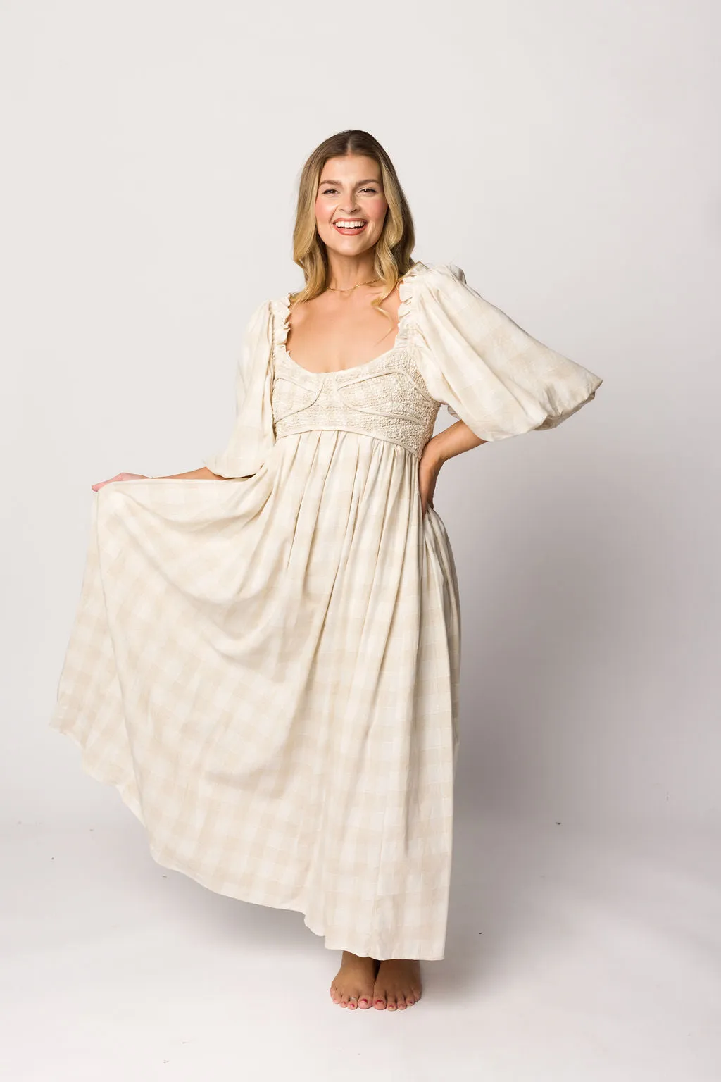 Harlow Maxi Dress in Natural Plaid - Bump Friendly (S-3XL)