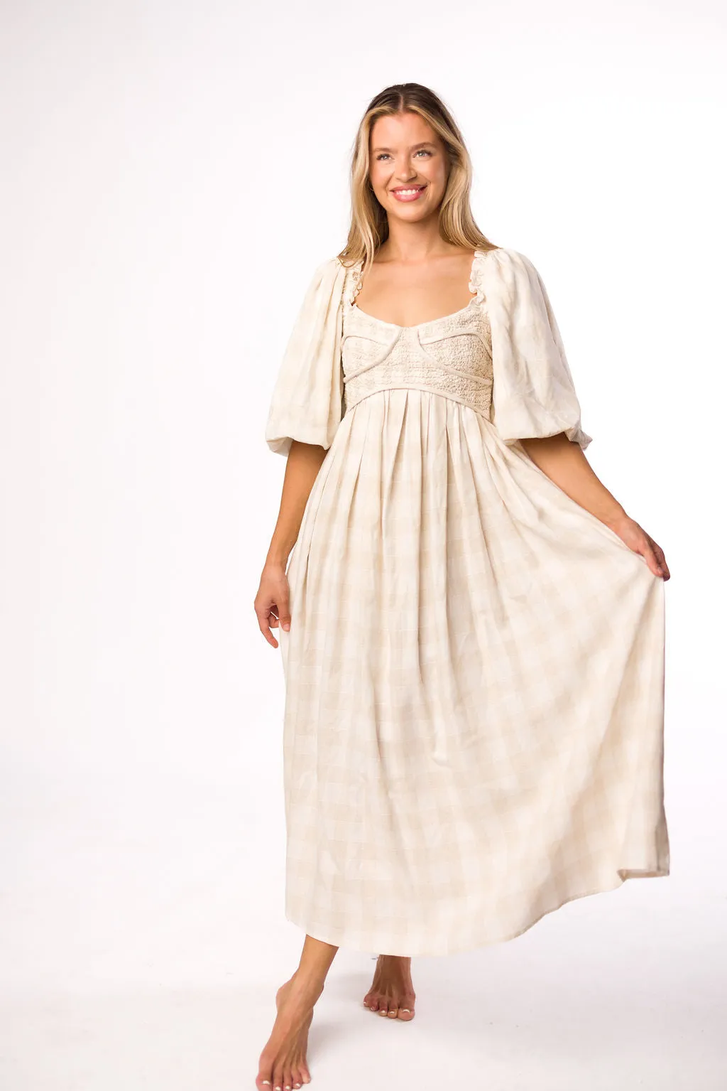 Harlow Maxi Dress in Natural Plaid - Bump Friendly (S-3XL)