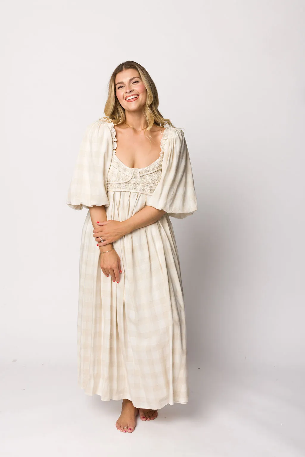 Harlow Maxi Dress in Natural Plaid - Bump Friendly (S-3XL)