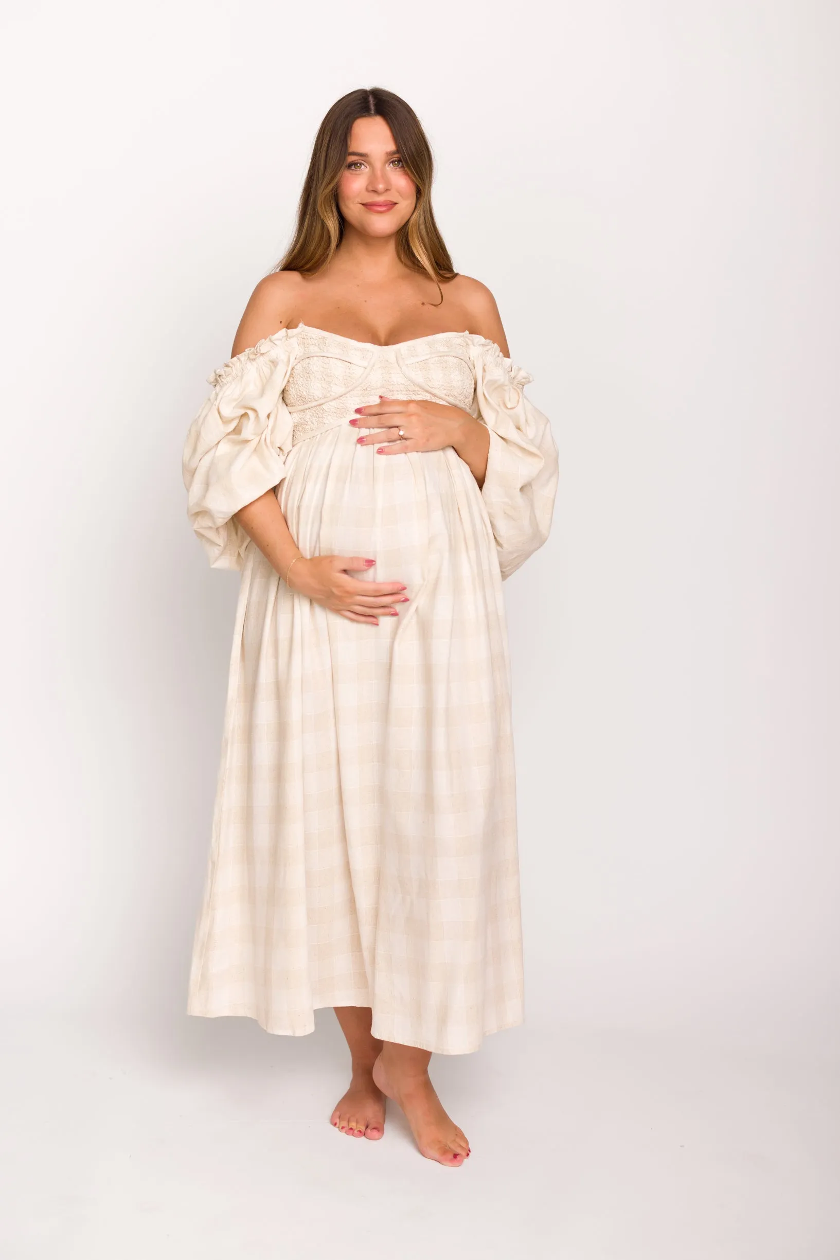 Harlow Maxi Dress in Natural Plaid - Bump Friendly (S-3XL)