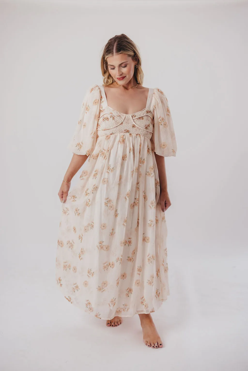 Harlow Maxi Dress in Taupe Floral - Bump Friendly & Inclusive Sizing (S-3XL)