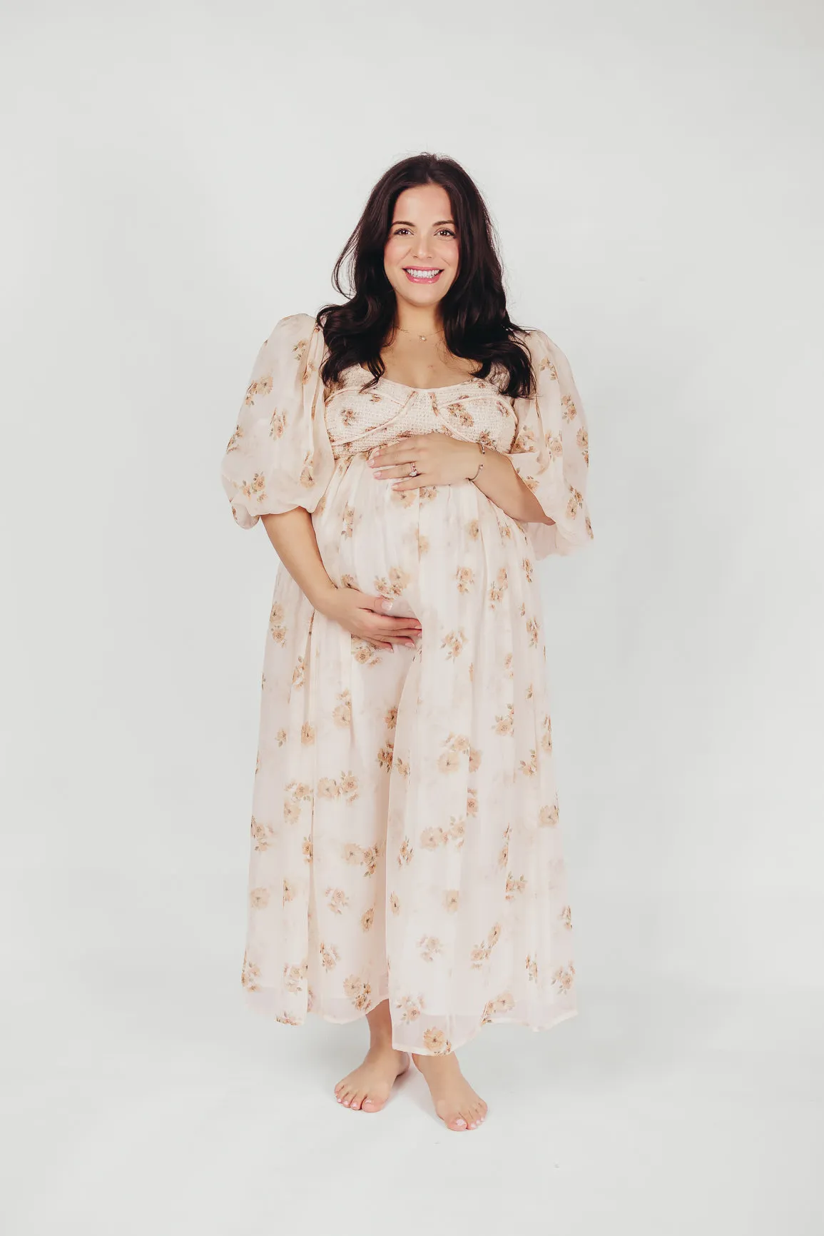 Harlow Maxi Dress in Taupe Floral - Bump Friendly & Inclusive Sizing (S-3XL)