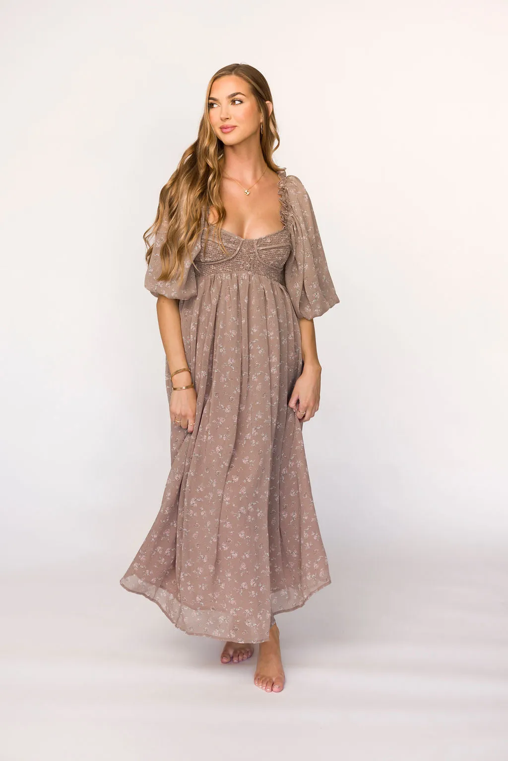 Harlow Maxi Dress in Taupe Floral - Bump Friendly