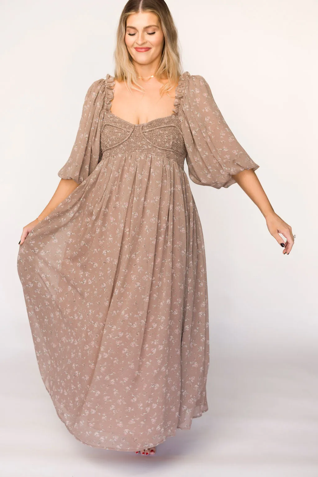 Harlow Maxi Dress in Taupe Floral - Bump Friendly