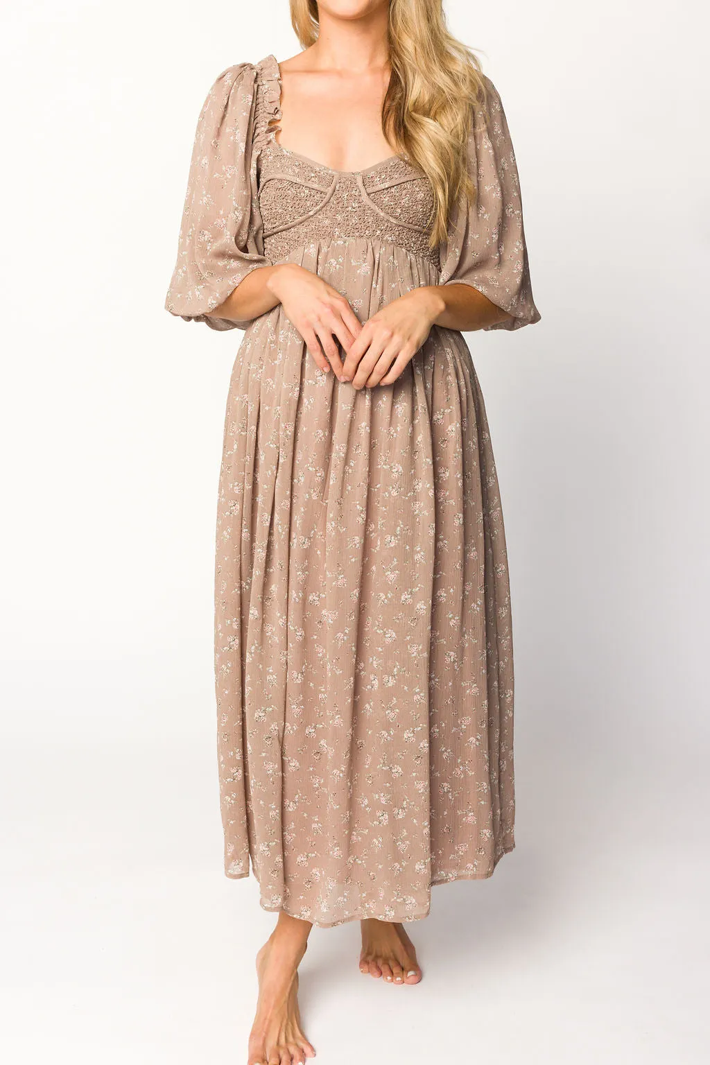 Harlow Maxi Dress in Taupe Floral - Bump Friendly