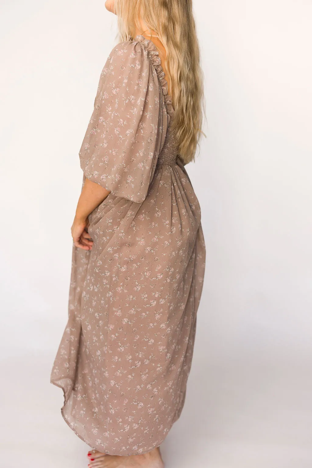 Harlow Maxi Dress in Taupe Floral - Bump Friendly