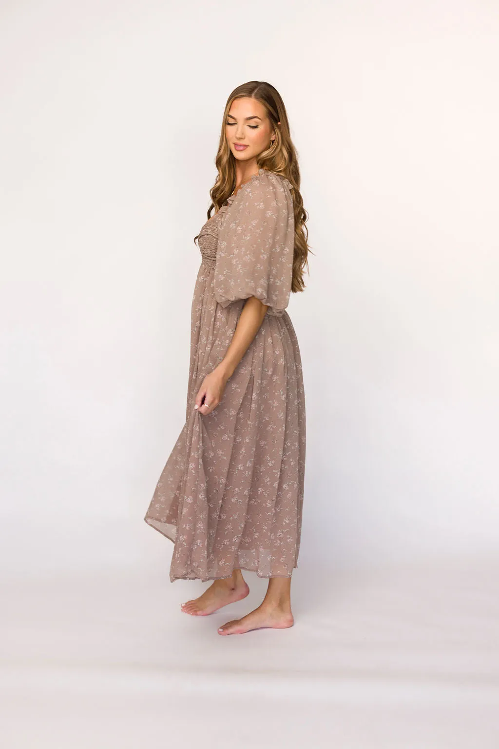 Harlow Maxi Dress in Taupe Floral - Bump Friendly