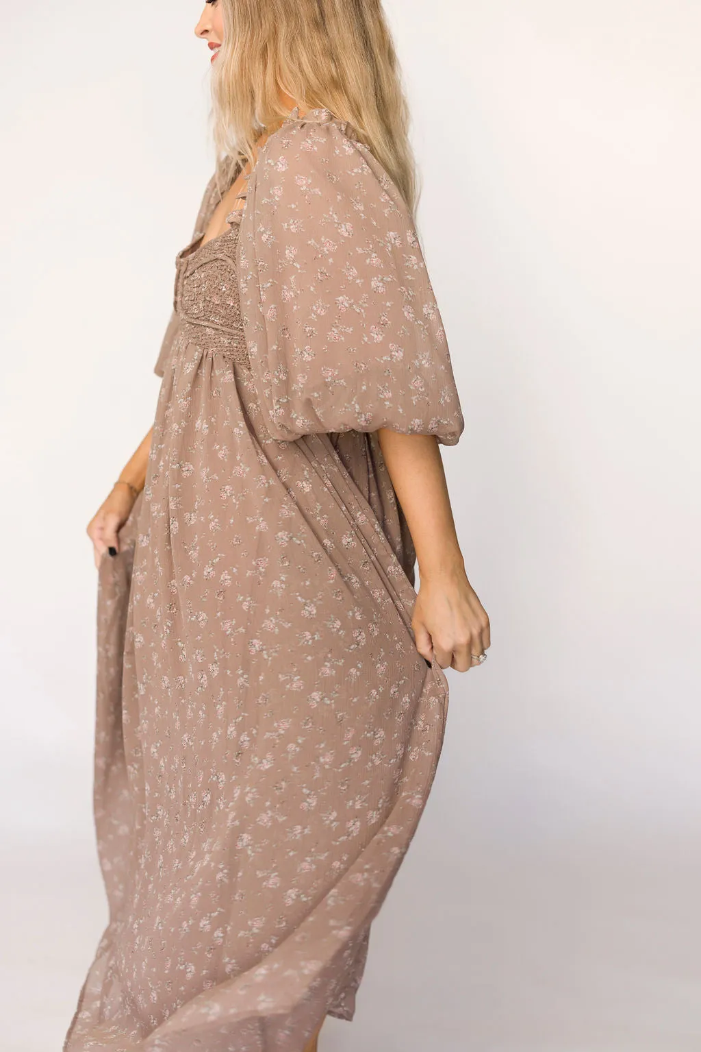 Harlow Maxi Dress in Taupe Floral - Bump Friendly
