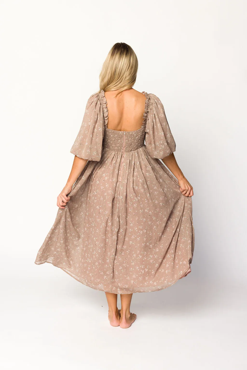 Harlow Maxi Dress in Taupe Floral - Bump Friendly