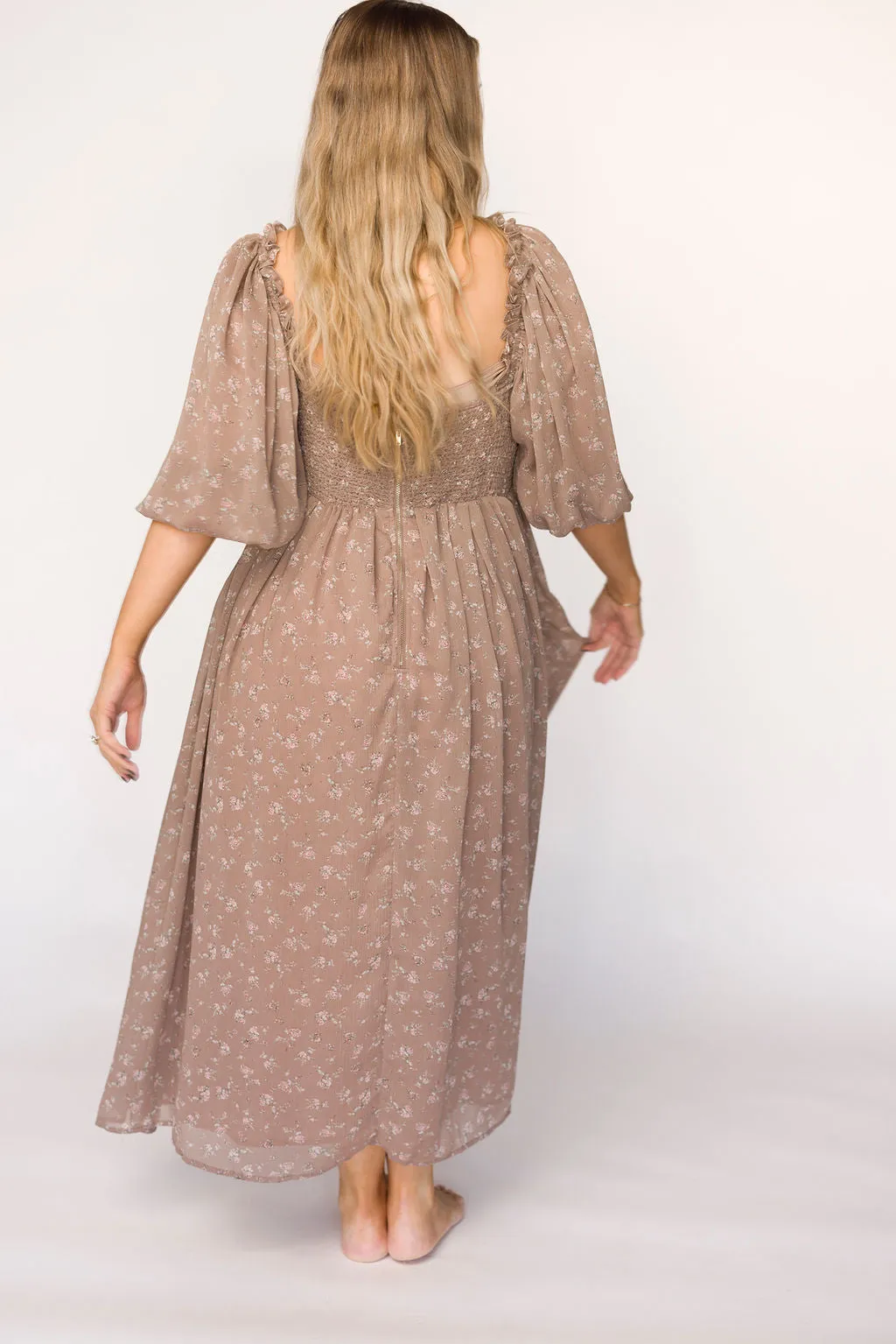 Harlow Maxi Dress in Taupe Floral - Bump Friendly