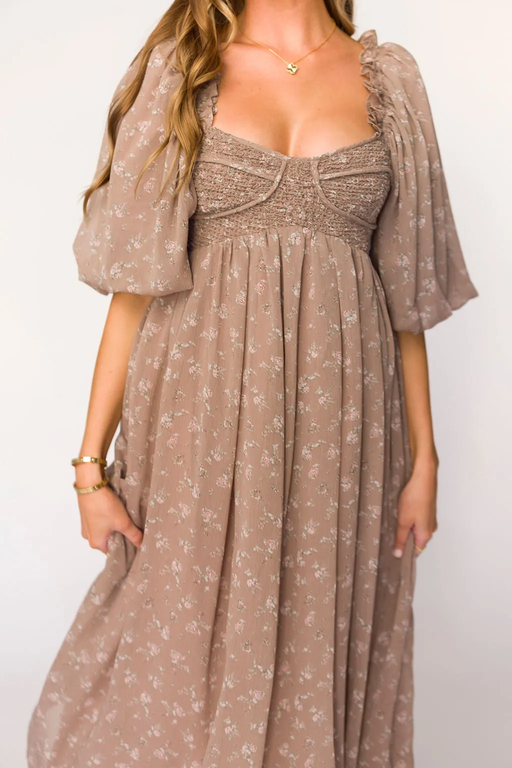 Harlow Maxi Dress in Taupe Floral - Bump Friendly