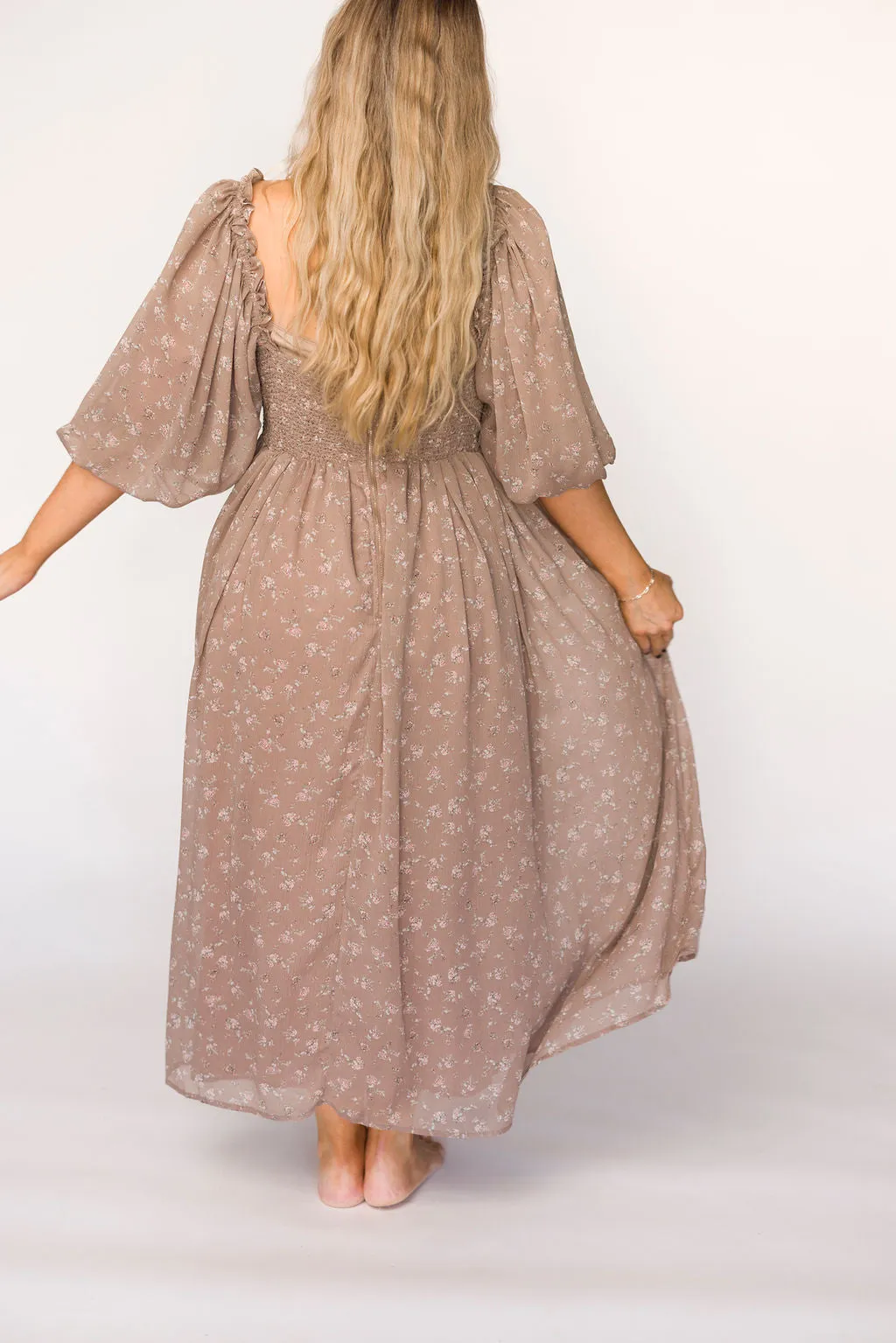 Harlow Maxi Dress in Taupe Floral - Bump Friendly