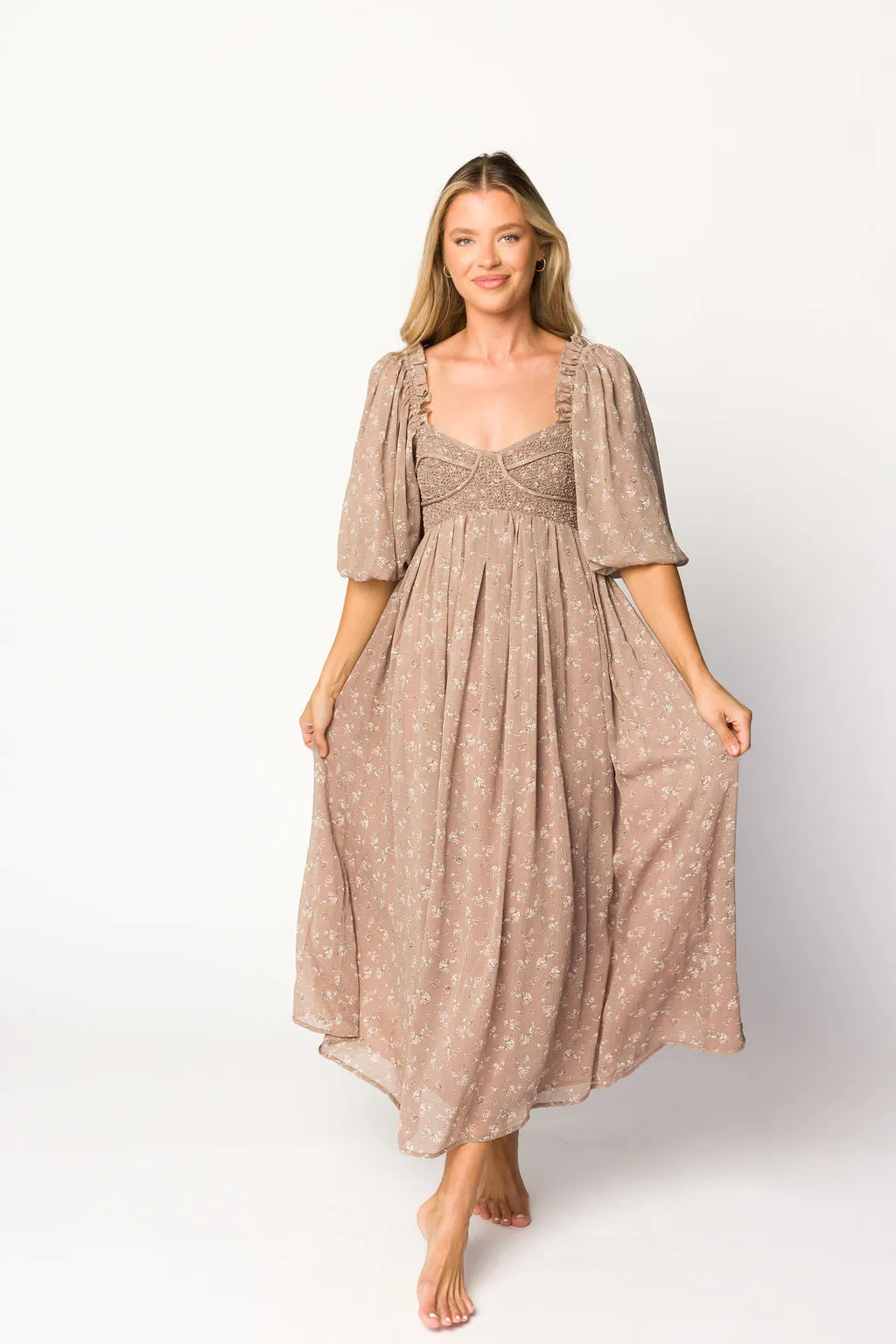 Harlow Maxi Dress in Taupe Floral - Bump Friendly