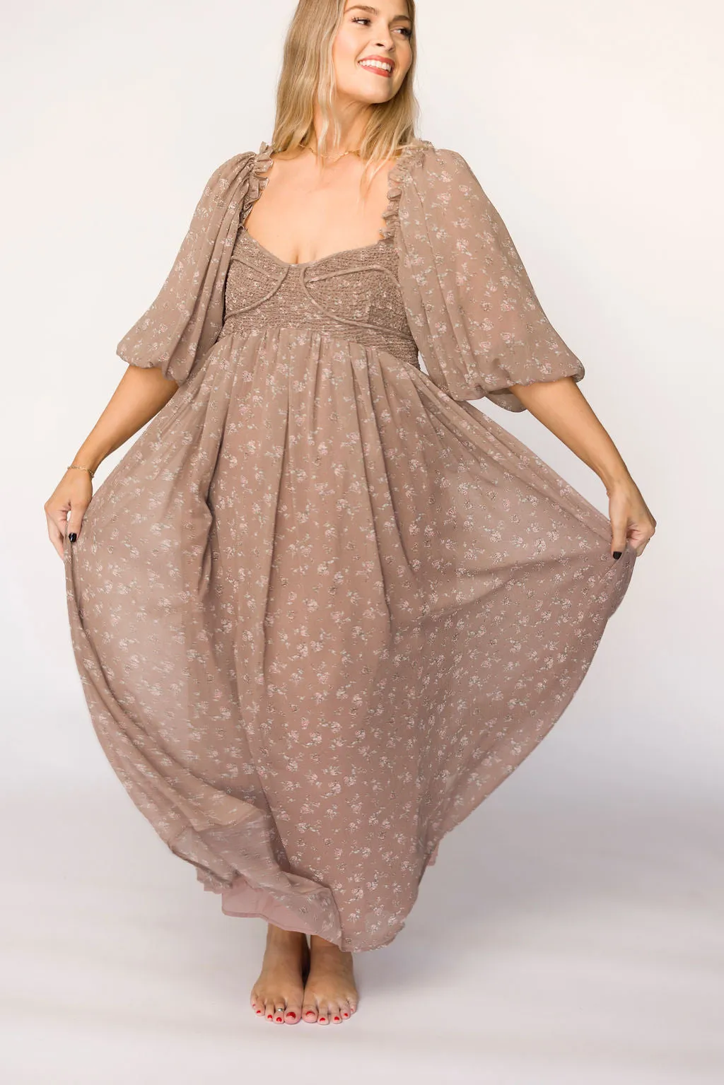 Harlow Maxi Dress in Taupe Floral - Bump Friendly