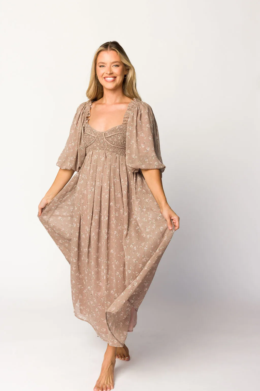 Harlow Maxi Dress in Taupe Floral - Bump Friendly