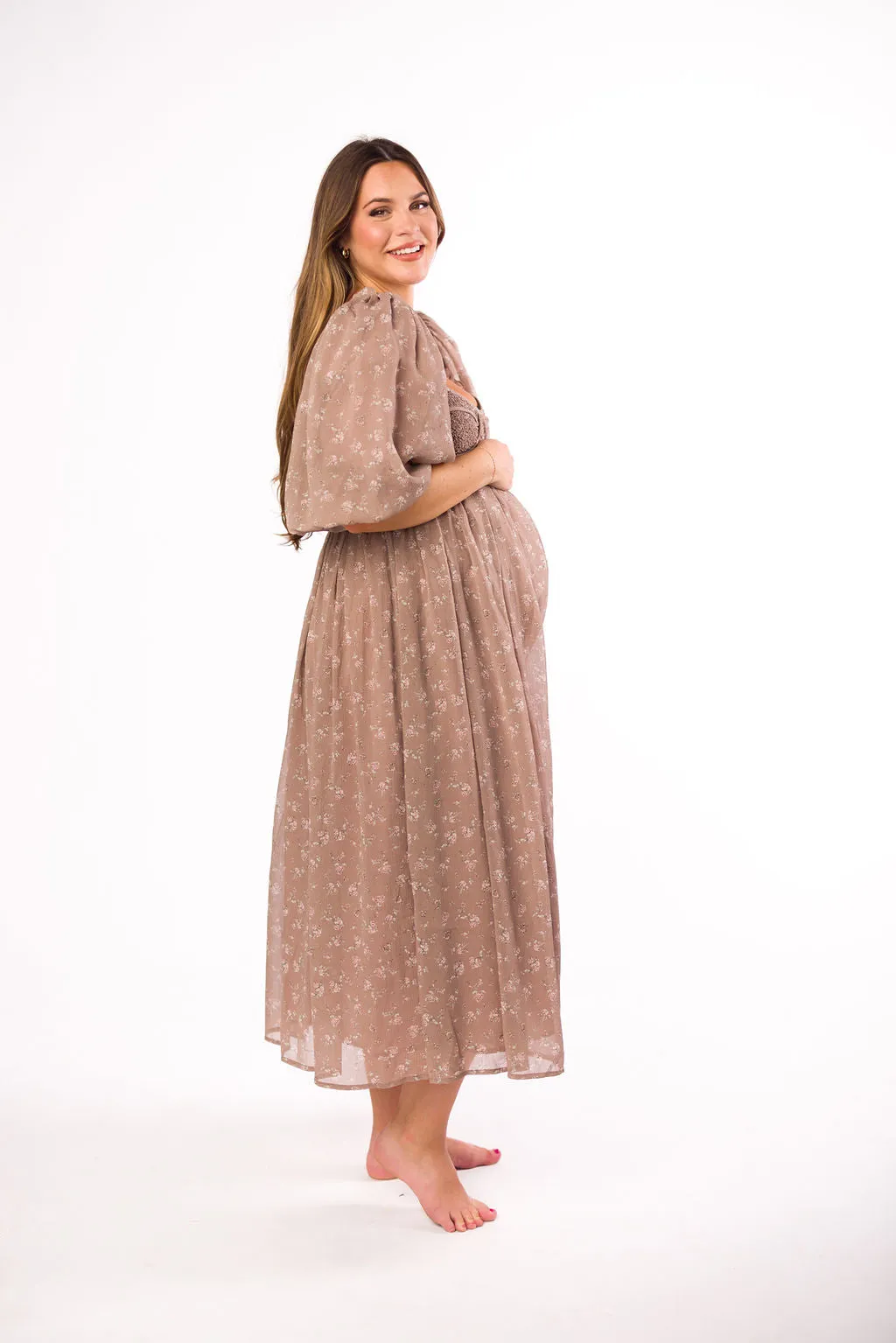 Harlow Maxi Dress in Taupe Floral - Bump Friendly