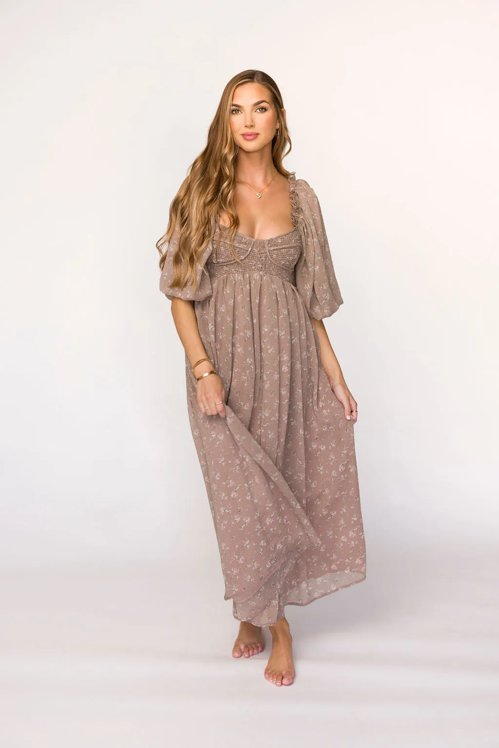 Harlow Maxi Dress in Taupe Floral - Bump Friendly