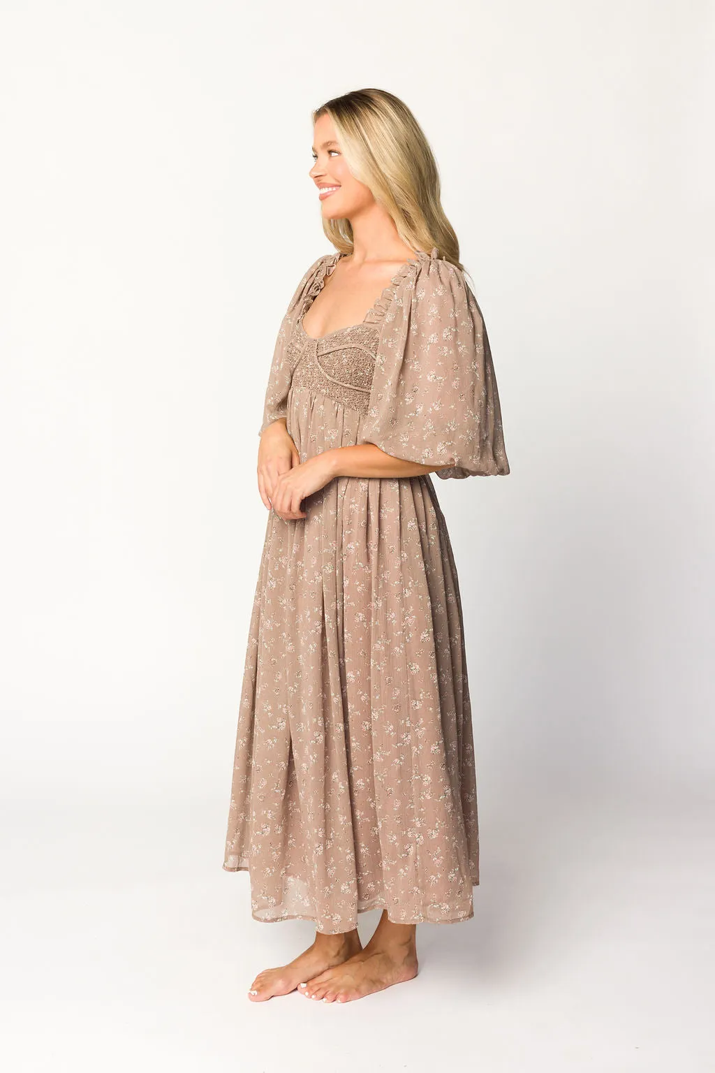 Harlow Maxi Dress in Taupe Floral - Bump Friendly