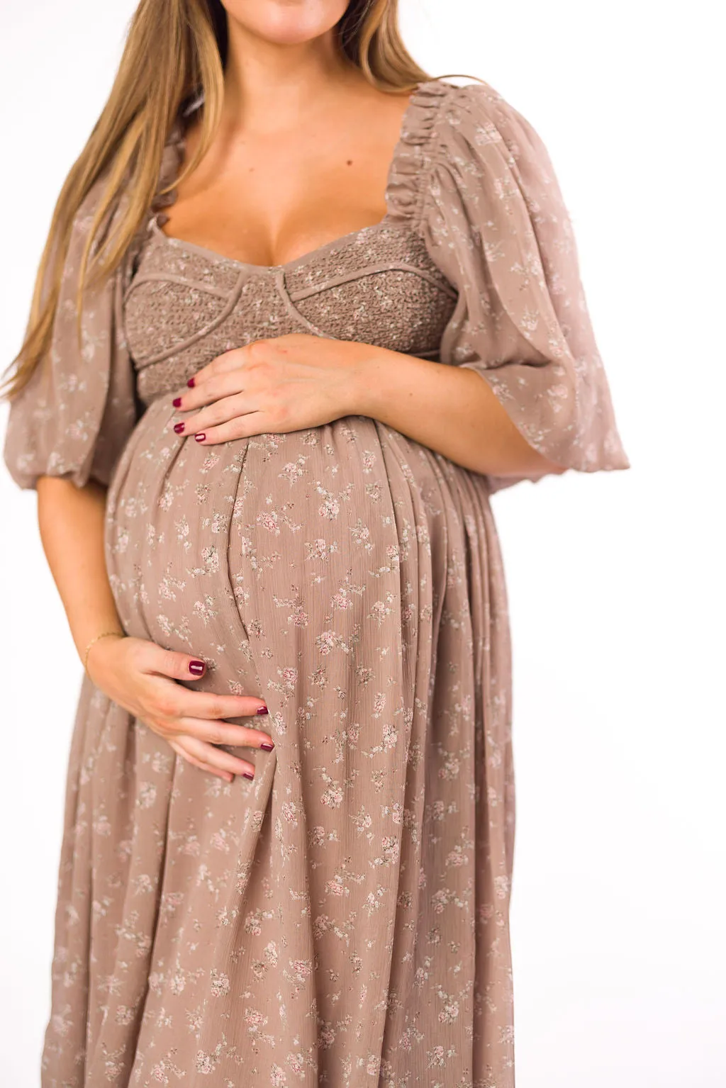 Harlow Maxi Dress in Taupe Floral - Bump Friendly