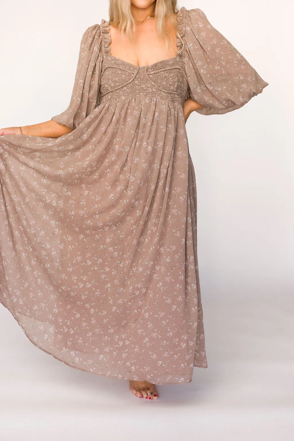 Harlow Maxi Dress in Taupe Floral - Bump Friendly