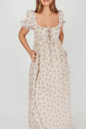 Haven 100% Cotton Tie-Front Maxi Dress in Blue/Brown Floral -Bump Friendly- PRE-ORDER