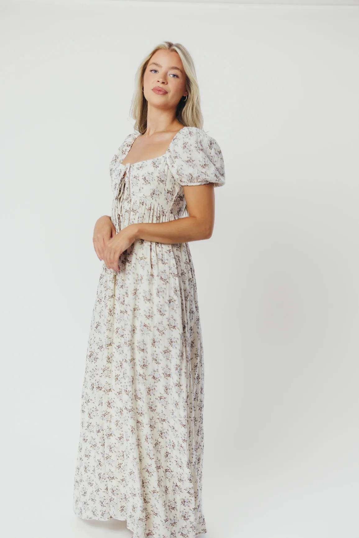 Haven 100% Cotton Tie-Front Maxi Dress in Blue/Brown Floral -Bump Friendly- PRE-ORDER